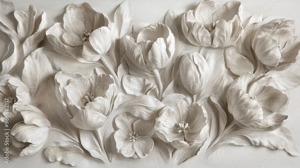 White floral wall art display featuring intricately carved tulip designs that add elegance to modern interiors White floral wall art display featuring intricately carved tulip designs that add elegance to modern interiors