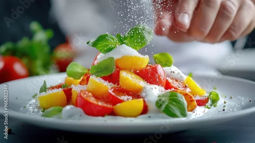 Fototapeta A person sprinkling salt on a plate of food with tomatoes, AI