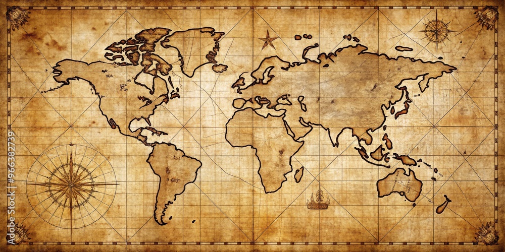 Obraz premium A Vintage World Map With Compass, Ship and Star, aged paper, vintage map, world exploration, treasure map