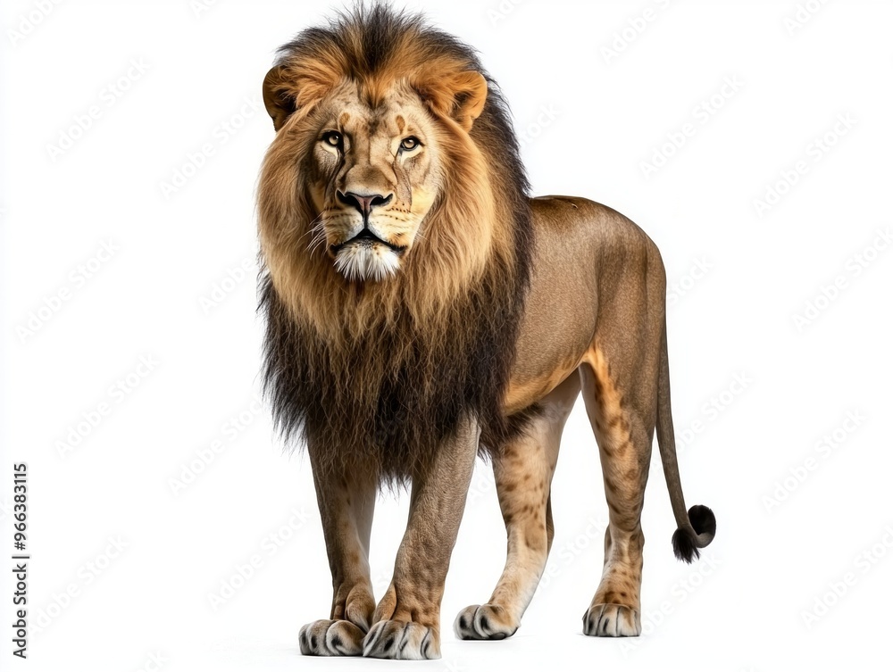 lion stands tall and proud, exuding strength and nobility. Its magnificent mane flows elegantly, capturing the light as it creates a striking contrast against the stark white backdrop. lion stands tall and proud, exuding strength and nobility. Its magnificent mane flows elegantly, capturing the light as it creates a striking contrast against the stark white backdrop.