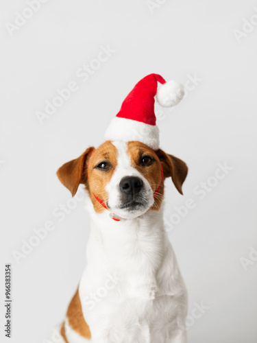 Adorable Jack Russell Terrier dog wearing red Santa hat on light gray background. Happy New Year and Merry Christmas greeting card with a pet