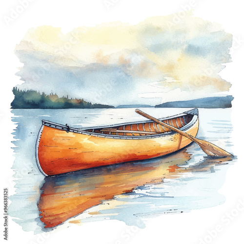 canoe on the lake vector illustration in watercolor style