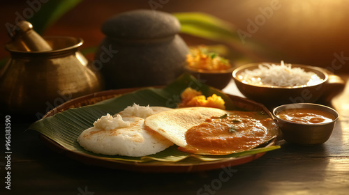 south indian breakfast with idli, sambar, and chutney on a traditional setting