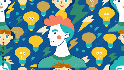 Seamless Pattern of Creative People with Light Bulbs on Blue Background, Representing Innovation