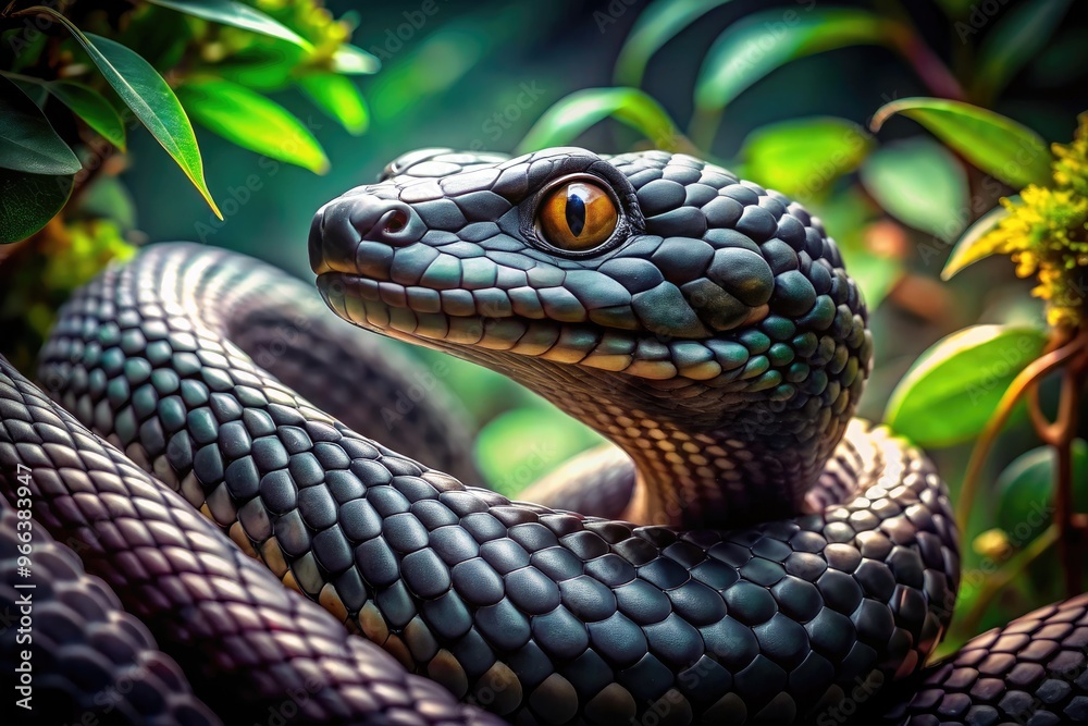 A sleek serpent's side profile reveals intricate scales and a menacing gaze, poised in a tense coil, surrounded by blurred foliage and subtle shadows. A sleek serpent's side profile reveals intricate scales and a menacing gaze, poised in a tense coil, surrounded by blurred foliage and subtle shadows.