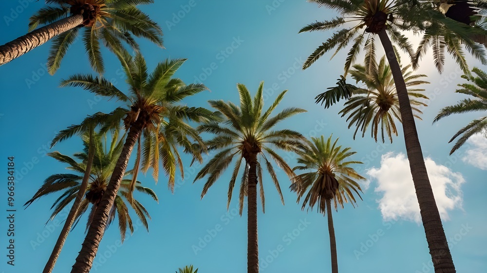 Obraz premium Low angle view from below of coconut palm tree against cloud and blue sky