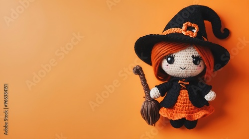 Adorable Crochet Witch Doll on Orange Background - Halloween Decoration