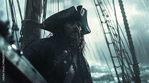 A weathered pirate captain stands on deck during a storm, rain pelting his face. His intense gaze pierces through the gloom, framed by a tricorn hat and long, wet hair. 