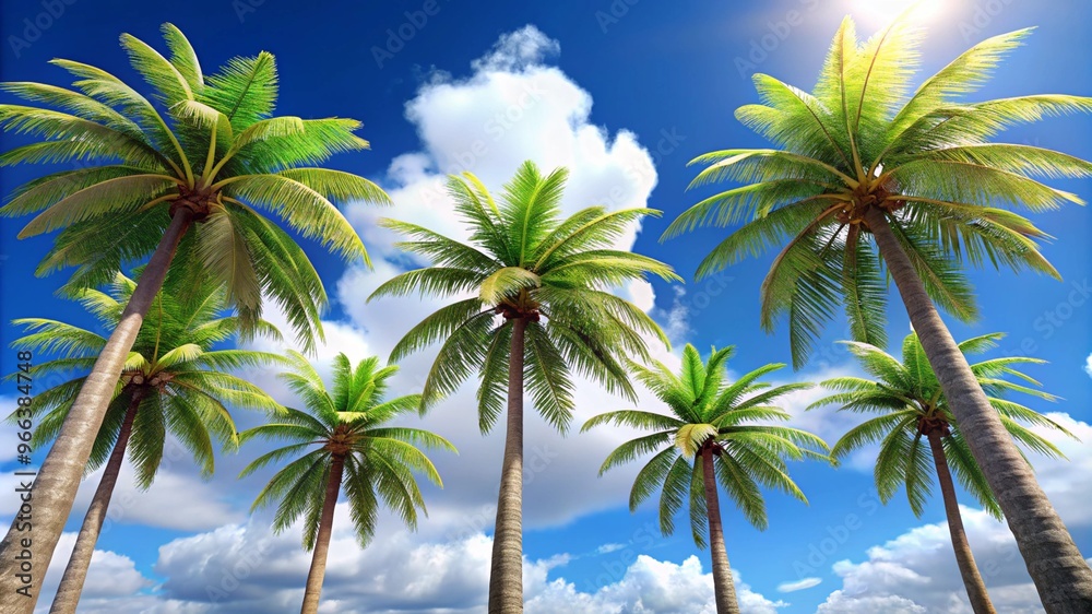 Low angle view from below of coconut palm tree against cloud and blue sky Low angle view from below of coconut palm tree against cloud and blue sky