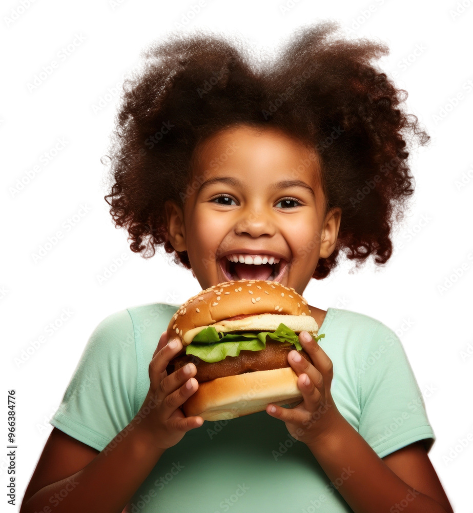 PNG  Black 10 year old girl food hamburger eating.