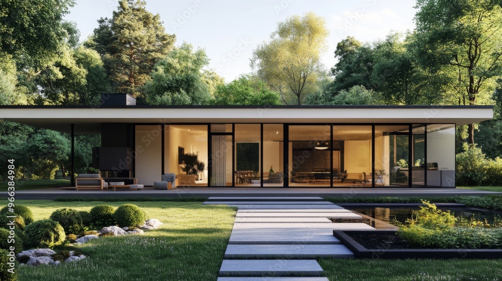 An exterior view of a minimalist house with a flat roof, large windows, and a minimalist garden, showcasing a modern architectural style. An exterior view of a minimalist house with a flat roof, large windows, and a minimalist garden, showcasing a modern architectural style.