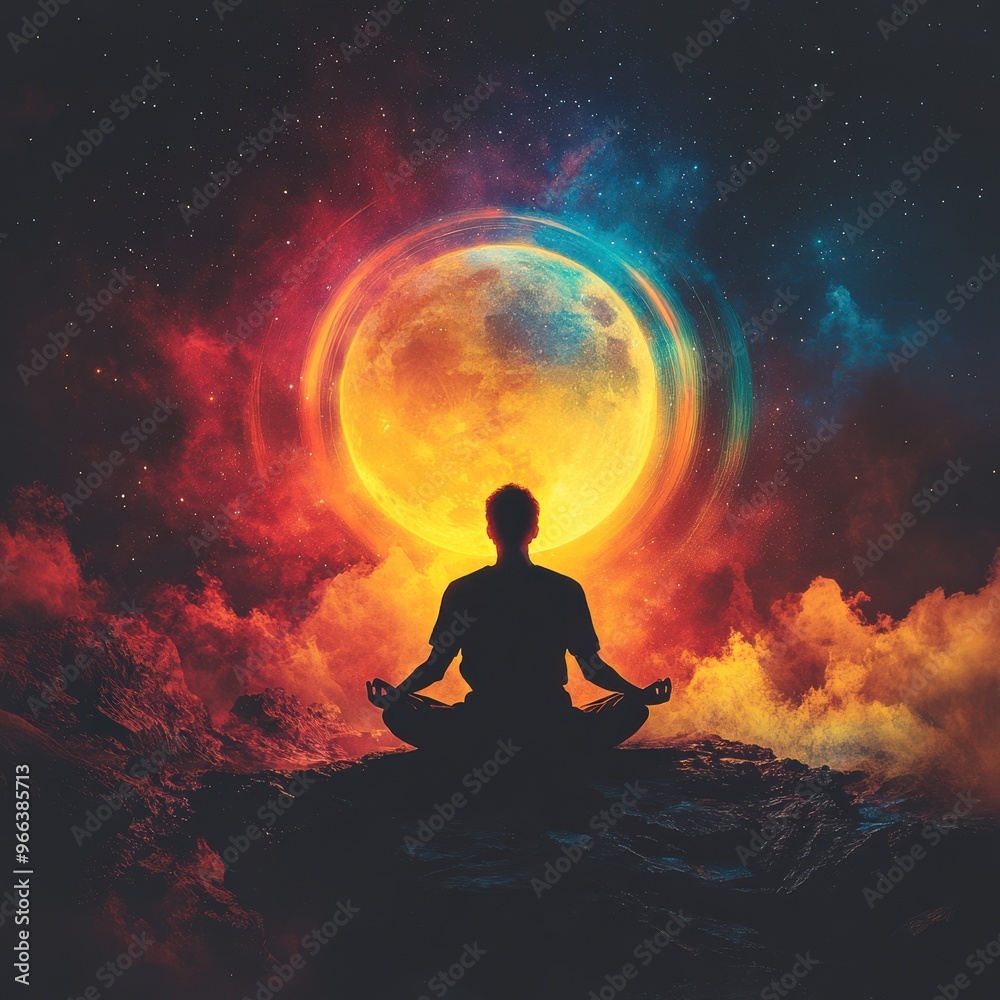 Meditation Silhouette Under Star-Filled Universe with Full Moon Meditation Silhouette Under Star-Filled Universe with Full Moon