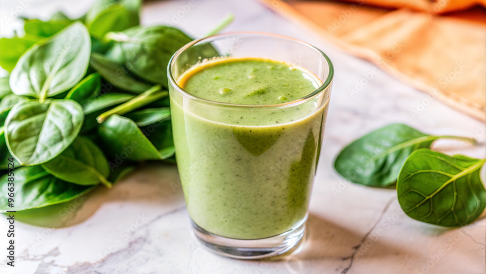 Green smoothie glass with fresh spinach leaves on marble background and copy space