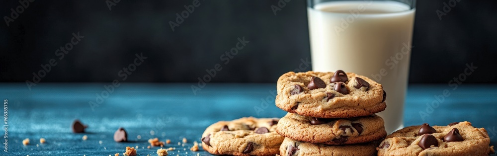 Close-Up of Milk Glass and Stacked Cookies on Blue Surface Close-Up of Milk Glass and Stacked Cookies on Blue Surface