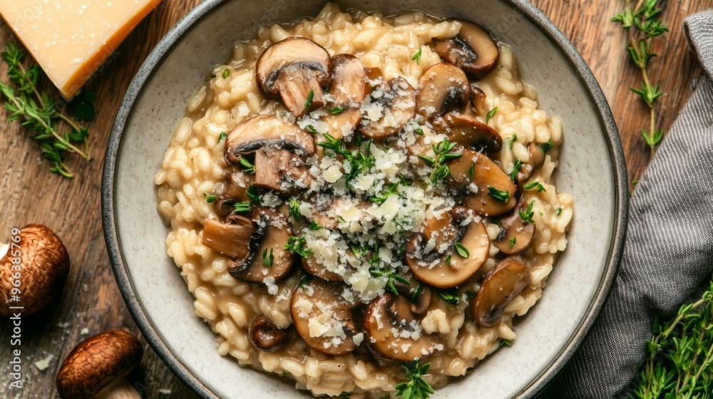 An overhead shot of a delicious mushroom risotto served in a bowl, garnished with fresh herbs and Parmesan cheese, ready to eat. An overhead shot of a delicious mushroom risotto served in a bowl, garnished with fresh herbs and Parmesan cheese, ready to eat.