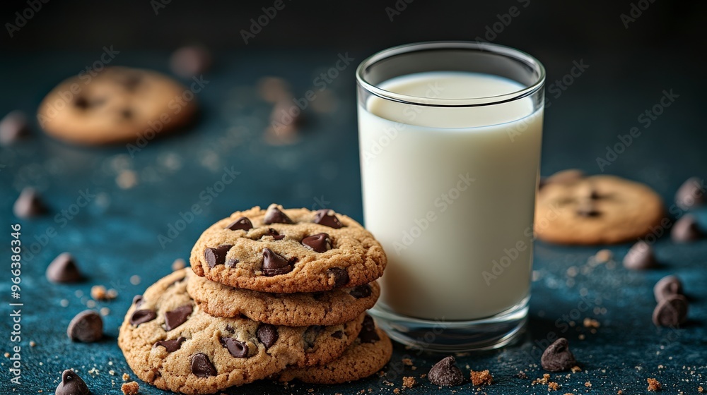 Close-Up of Milk Glass and Stacked Cookies on Blue Surface Close-Up of Milk Glass and Stacked Cookies on Blue Surface