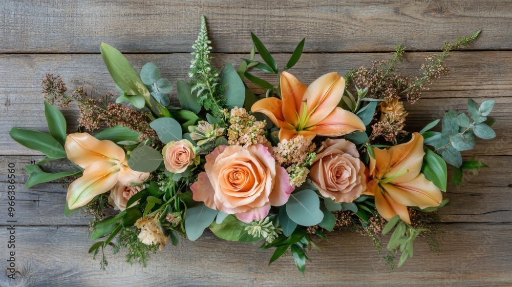 An overhead shot of a neatly arranged flower arrangement with roses, lilies, and greenery, placed on a rustic wooden surface for a romantic touch.
