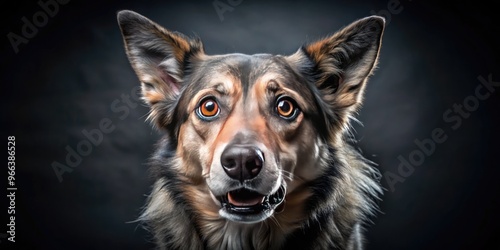 A startled dog suddenly flinches, eyes wide with fear, as it recoils from an unseen threat, fur standing on end in a dramatic, high-contrast portrait. photo