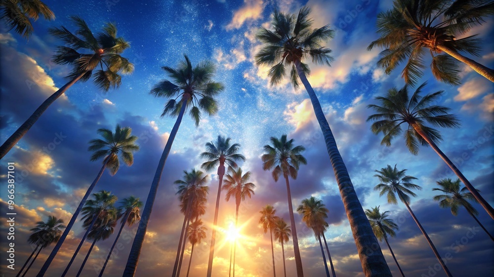 Obraz premium Low angle view from below of coconut palm tree against cloud and blue sky