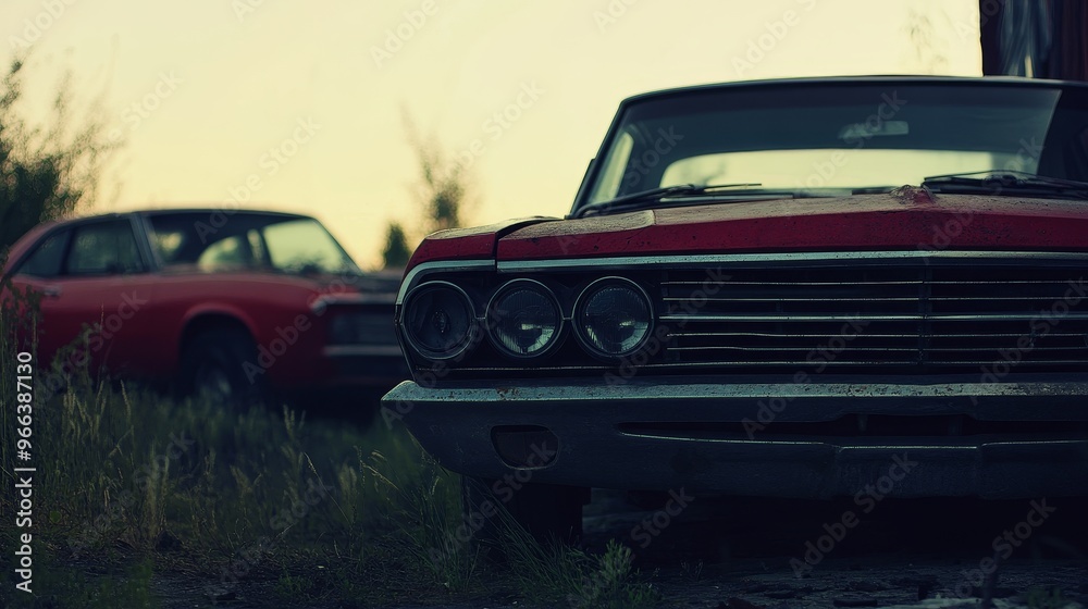 Fototapeta premium An artistic shot of two vintage cars, one red and one dark, partially obscured by grass, evoking nostalgia and decay.