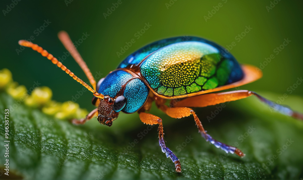 A vibrant blue, green, and gold beetle crawls on a green leaf in the jungle A vibrant blue, green, and gold beetle crawls on a green leaf in the jungle