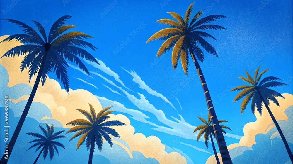 Low angle view from below of coconut palm tree against cloud and blue sky