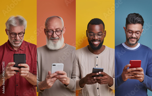 Diverse group of men of different ages using smartphones against colorful backgrounds, focusing on technology and connectivity