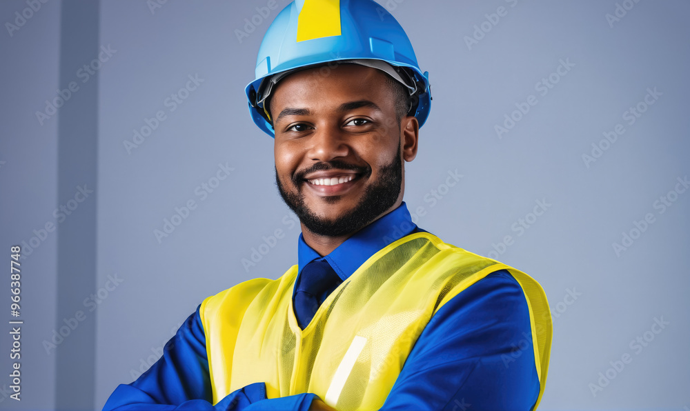 A construction worker wearing a blue hardhat and yellow safety vest smiles while standing in front of a grey wall A construction worker wearing a blue hardhat and yellow safety vest smiles while standing in front of a grey wall
