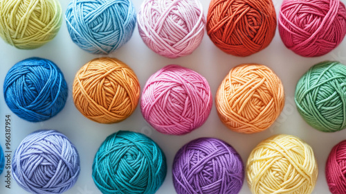 Colorful balls of yarn against a white backdrop. photo