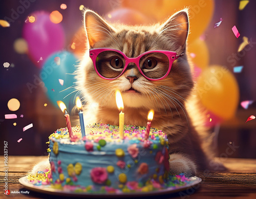 Cat Celebrating Birthday with Cake and Sunglasses