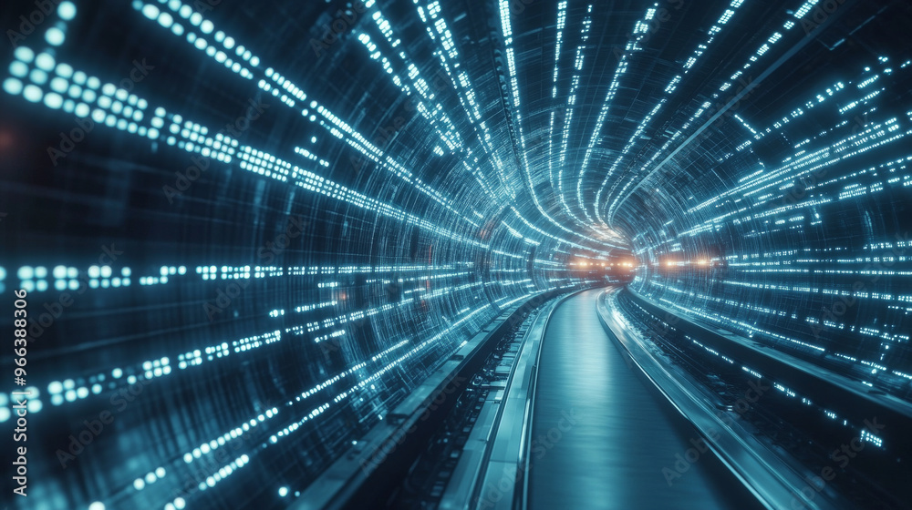 A digital tunnel filled with data flowing like a river. This shows how much information is shared in the digital world. A digital tunnel filled with data flowing like a river. This shows how much information is shared in the digital world.