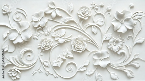 Elegant white floral relief design featuring roses and various blossoms in intricate detail and graceful curves on a light background