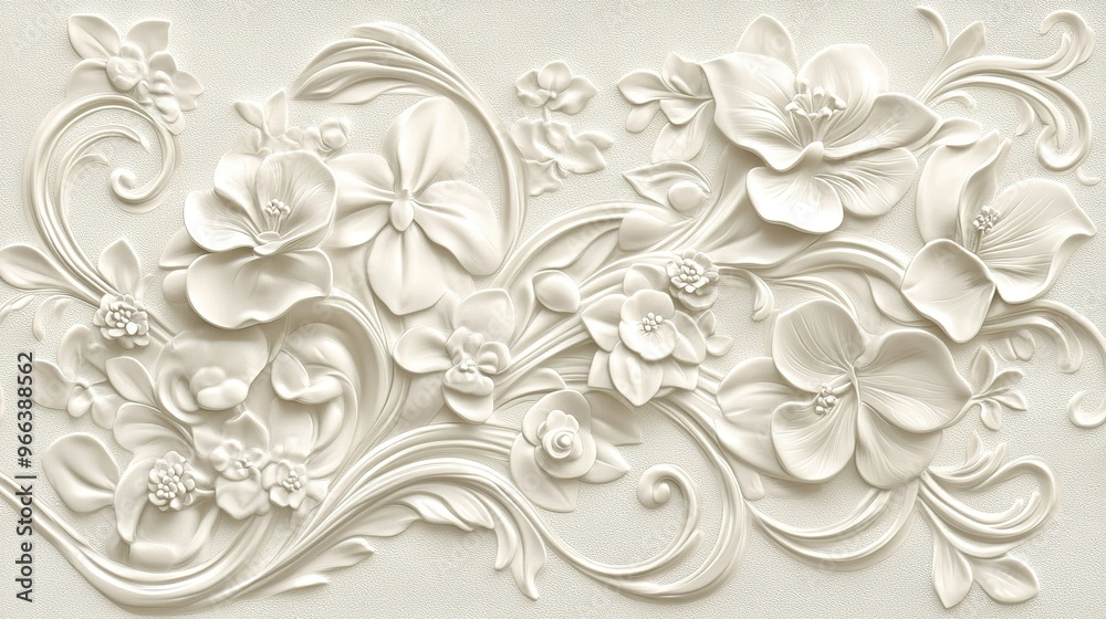 Elegant white floral relief design showcasing intricate patterns of various flowers and leaves arranged artfully on a textured surface Elegant white floral relief design showcasing intricate patterns of various flowers and leaves arranged artfully on a textured surface