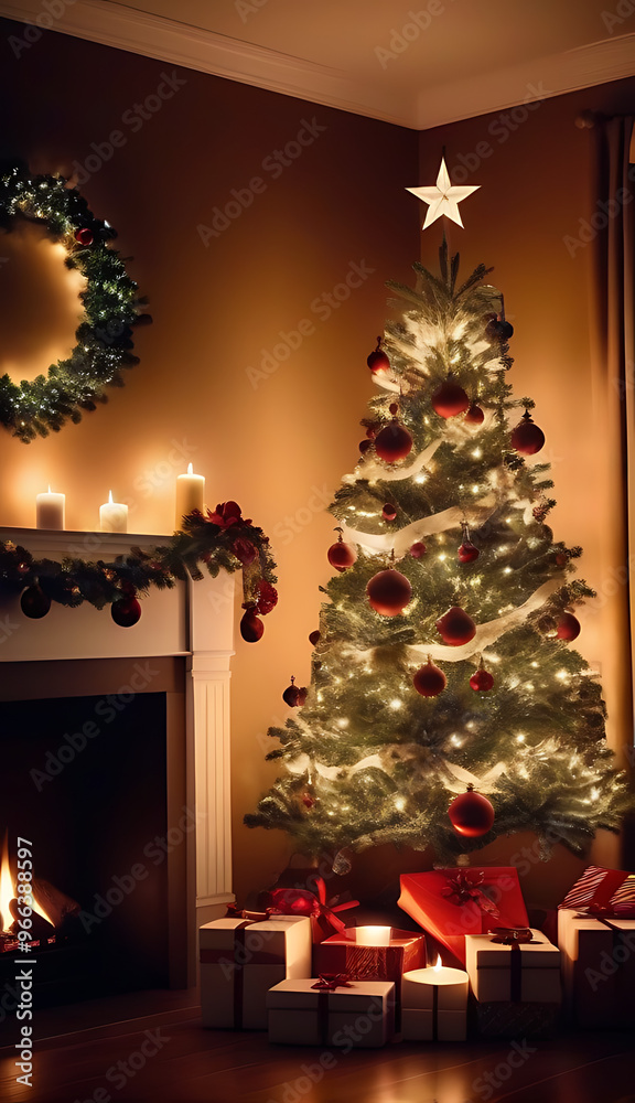 towering christmas tree adorned ornaments stands beside crackling fireplace festive garlands candles complete cozy scene towering christmas tree adorned ornaments stands beside crackling fireplace festive garlands candles complete cozy scene