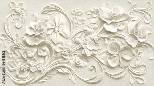 Elegant white floral relief design showcasing intricate patterns of various flowers and leaves arranged artfully on a textured surface