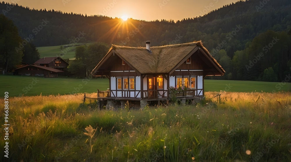 A wooden hut in the middle of the meadow, sunset atmosphere, golden time, a forest house A wooden hut in the middle of the meadow, sunset atmosphere, golden time, a forest house