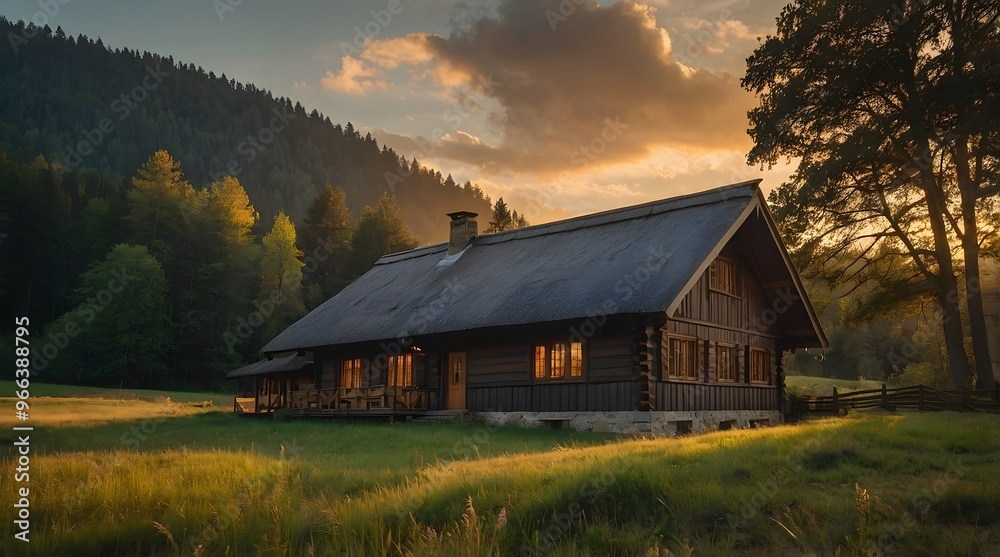 A wooden hut in the middle of the meadow, sunset atmosphere, golden time, a forest house A wooden hut in the middle of the meadow, sunset atmosphere, golden time, a forest house