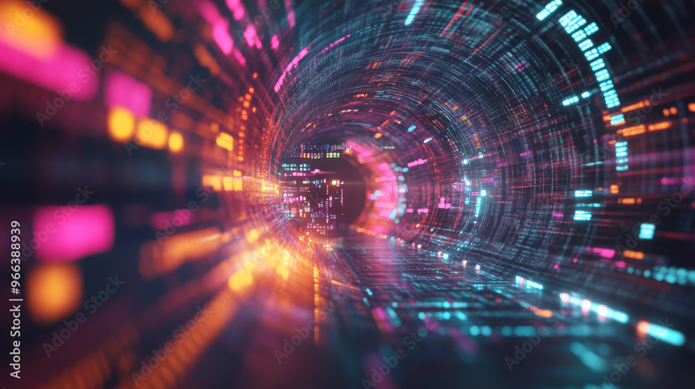 Obraz premium A digital tunnel filled with data flowing like a river. This shows how much information is shared in the digital world.