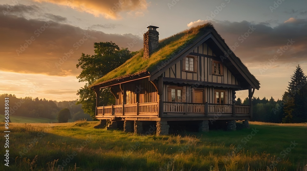 Obraz premium A wooden hut in the middle of the meadow, sunset atmosphere, golden time, a forest house