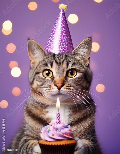 Cute Cat with Cupcake and Party Hat