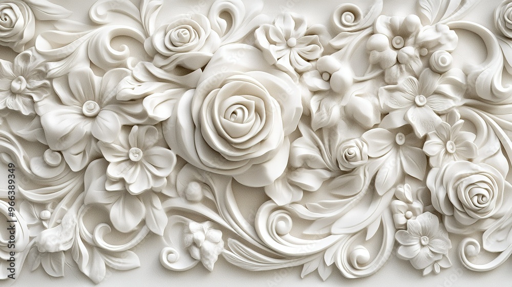 Intricate white floral relief design featuring roses and blossoms against a smooth background in a classic style Intricate white floral relief design featuring roses and blossoms against a smooth background in a classic style
