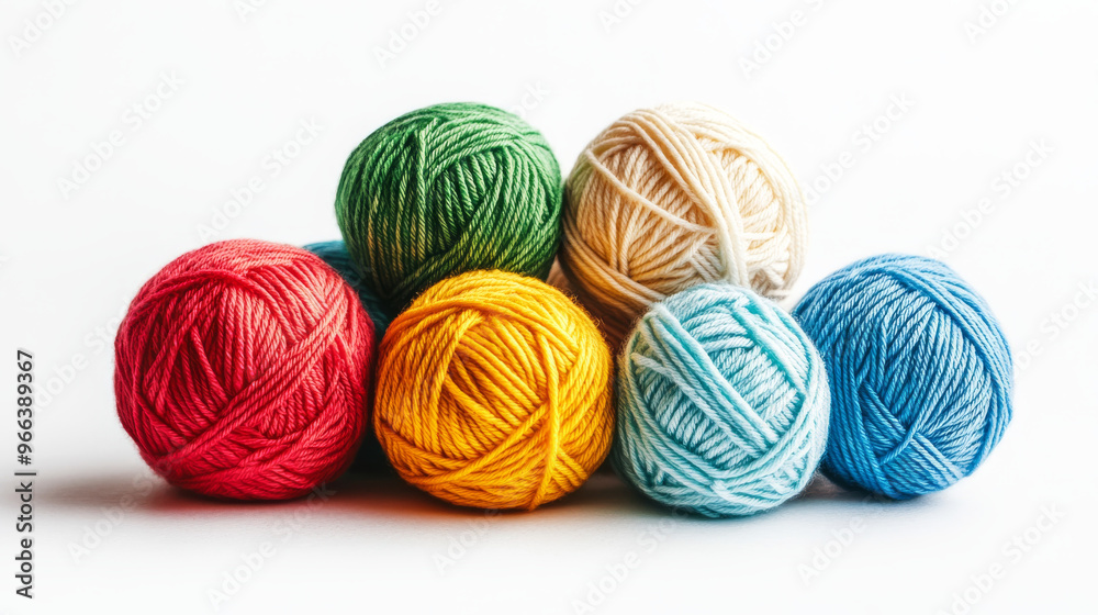 Soft yarn balls, ready for knitting, against a white background. Soft yarn balls, ready for knitting, against a white background.