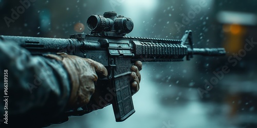 Close-up of a man shooting a rifle in a dark background photo