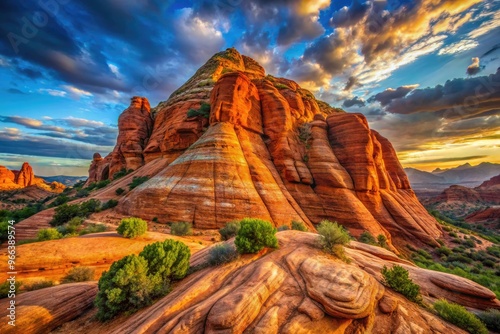 A Towering Sandstone Rock Formation With Natural Cracks And Fissures In The Vibrant Red Hues Of The Dixie Rock In St. George, Utah photo