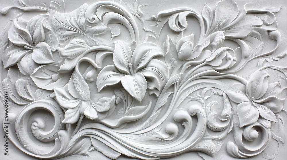 Intricate white floral plaster relief artwork showcasing detailed lilies and swirling foliage designs found in elegant interiors Intricate white floral plaster relief artwork showcasing detailed lilies and swirling foliage designs found in elegant interiors