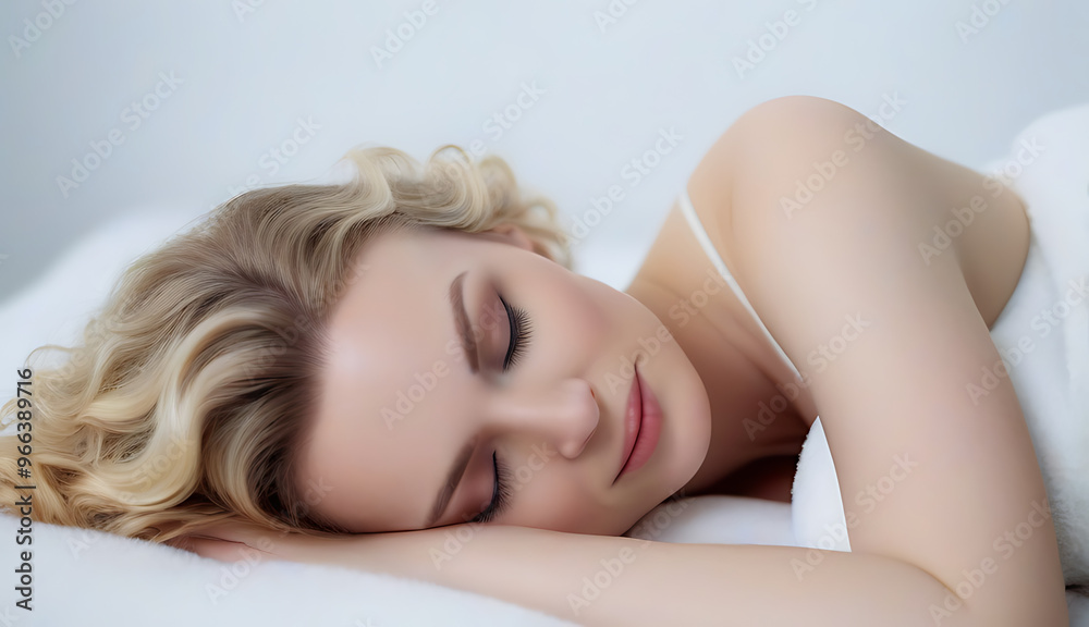 woman slept curly sandy blond hair pale skin hand behind head eyes closed lay isolated white background woman slept curly sandy blond hair pale skin hand behind head eyes closed lay isolated white background