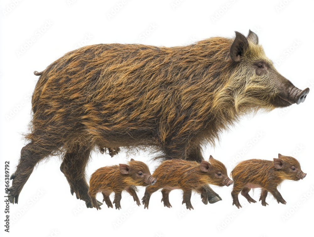 mother wild boar leads her curious piglets on a gentle walk, showcasing the beauty of wildlife family dynamics in a minimalistic setting. mother wild boar leads her curious piglets on a gentle walk, showcasing the beauty of wildlife family dynamics in a minimalistic setting.