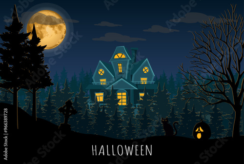 Halloween poster with pumpkin, and scary house in the wood.  Halloween vector illustration.