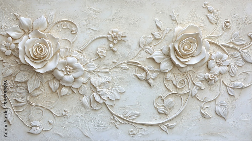 Intricate white floral relief artwork featuring roses and blossoms, showcasing delicate craftsmanship and design elements