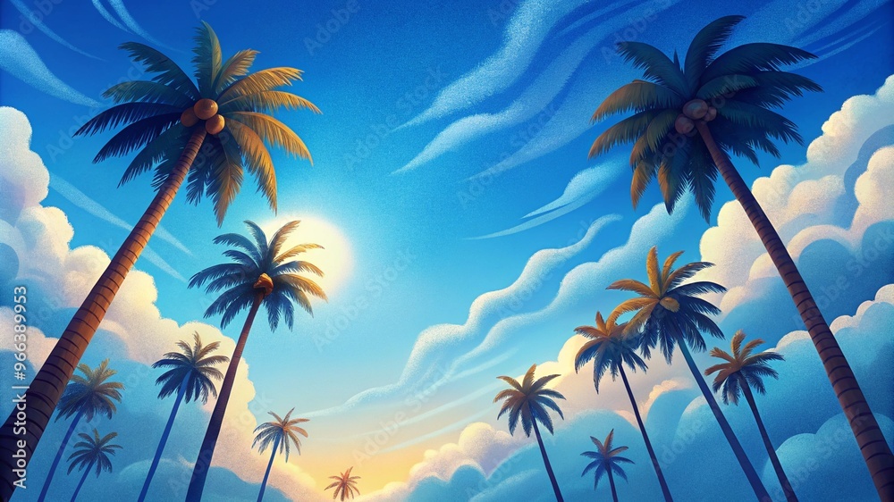 Low angle view from below of coconut palm tree against cloud and blue sky Low angle view from below of coconut palm tree against cloud and blue sky